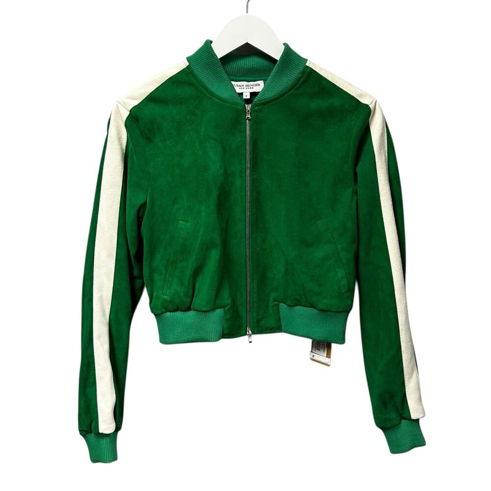 NWT Susan Bender Emerald Green Long Sleeve Stretch Suede Bomber Jacket Womens 4